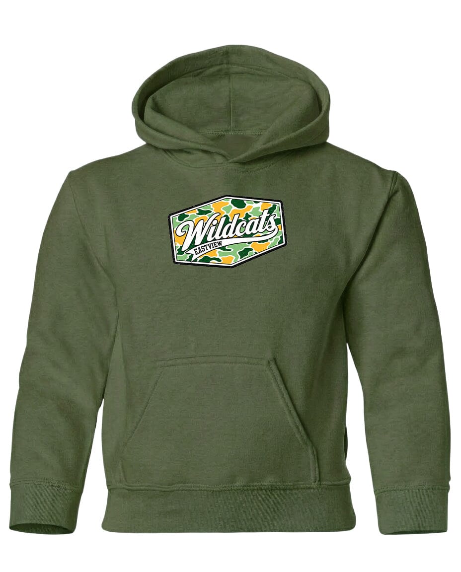 A green hoodie with a graphic design on the front.