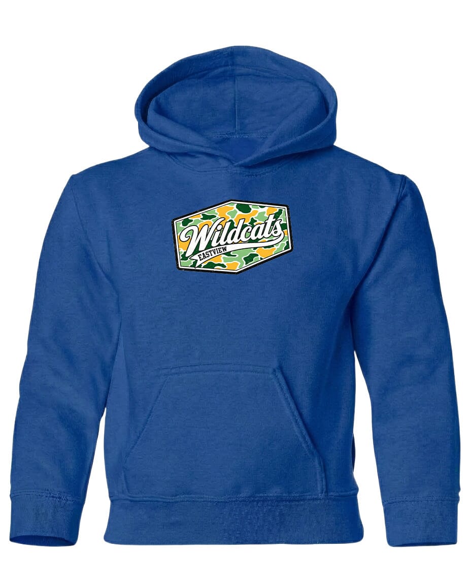 A blue hoodie with a graphic design on the front.