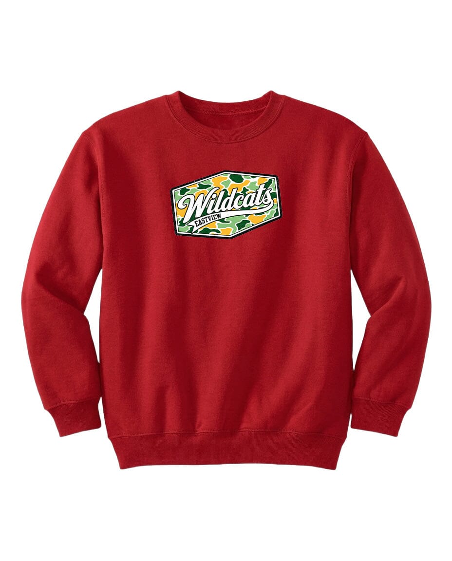 A red sweatshirt with a logo on the front.