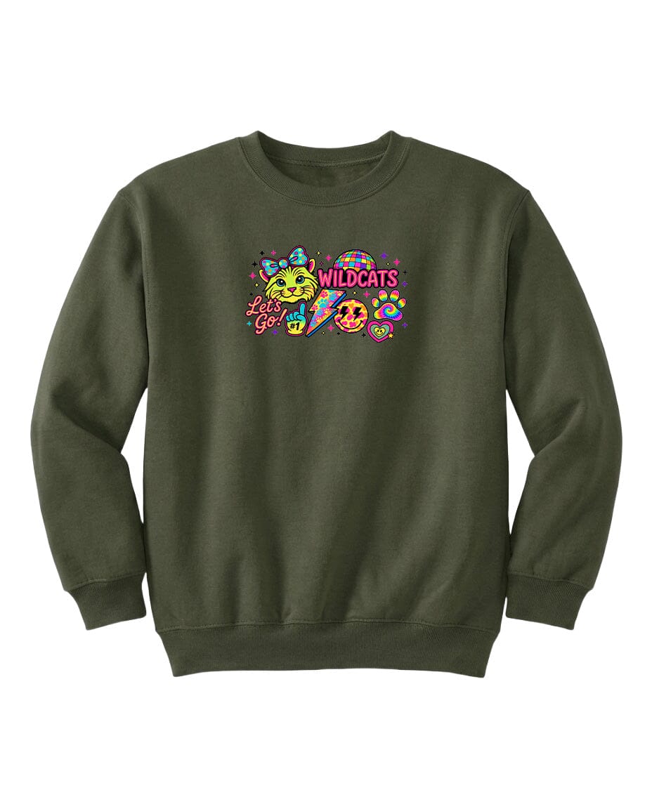 A dark green sweatshirt with a colorful graphic design featuring a smiling face, a rainbow, and the text "WILDCATS" prominently displayed.