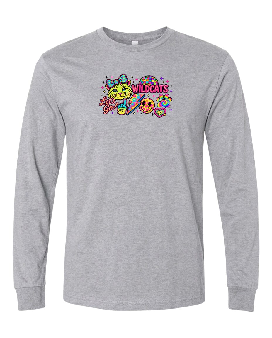 A gray long-sleeved t-shirt with a colorful graphic design featuring a smiling face, a cat, and the text "Wildcats" in a playful font.