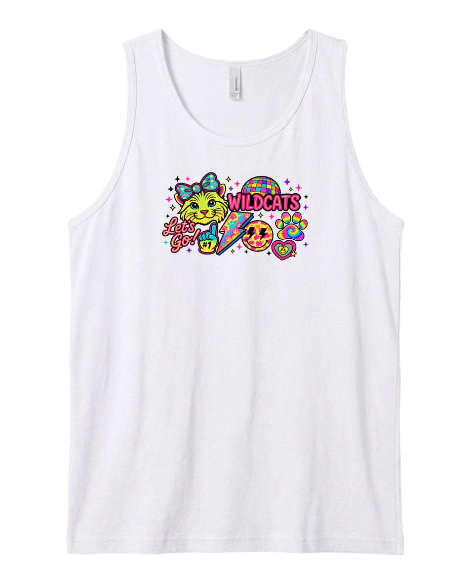 A white tank top with a colorful graphic design featuring a cat, a heart, and the text "WILDCATS" along with a peace sign.