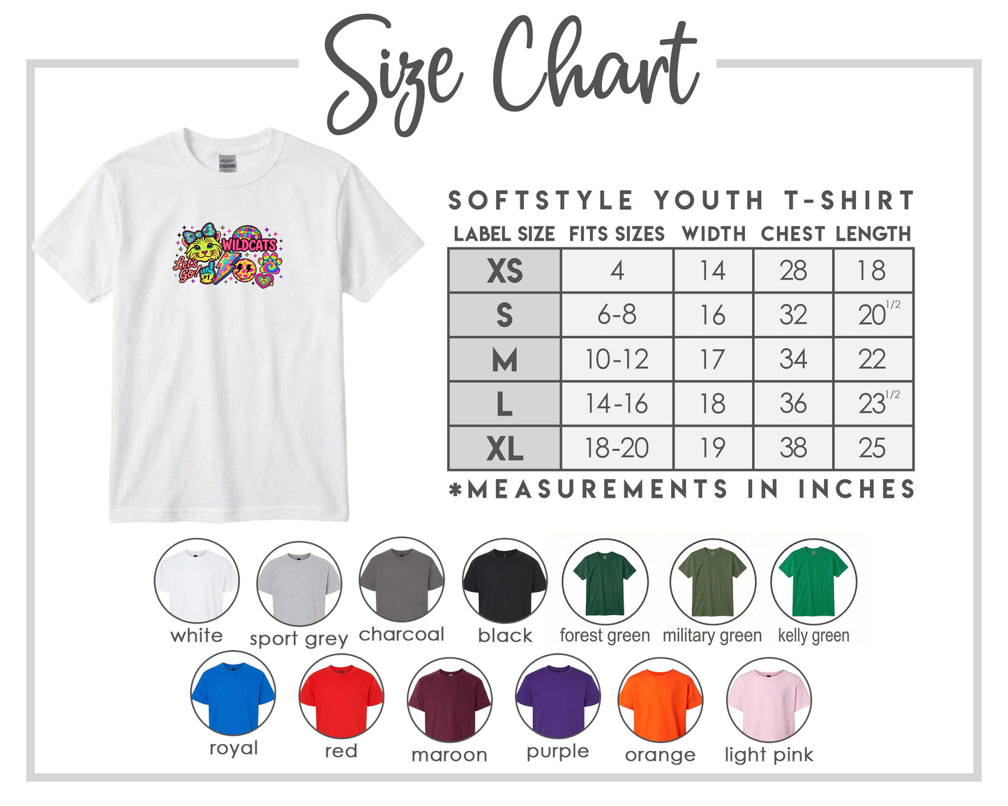 The image is a size chart for a softstyle youth t-shirt, providing measurements for different sizes and corresponding t-shirt colors.