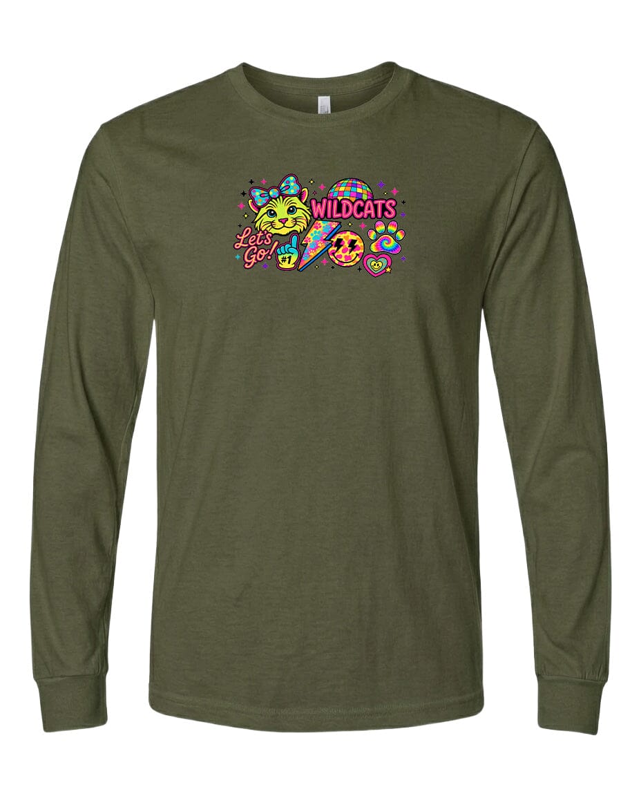 A long-sleeved olive green t-shirt with a colorful graphic design featuring a smiling face, a surfboard, and the text "Wildcats" in pink and yellow.