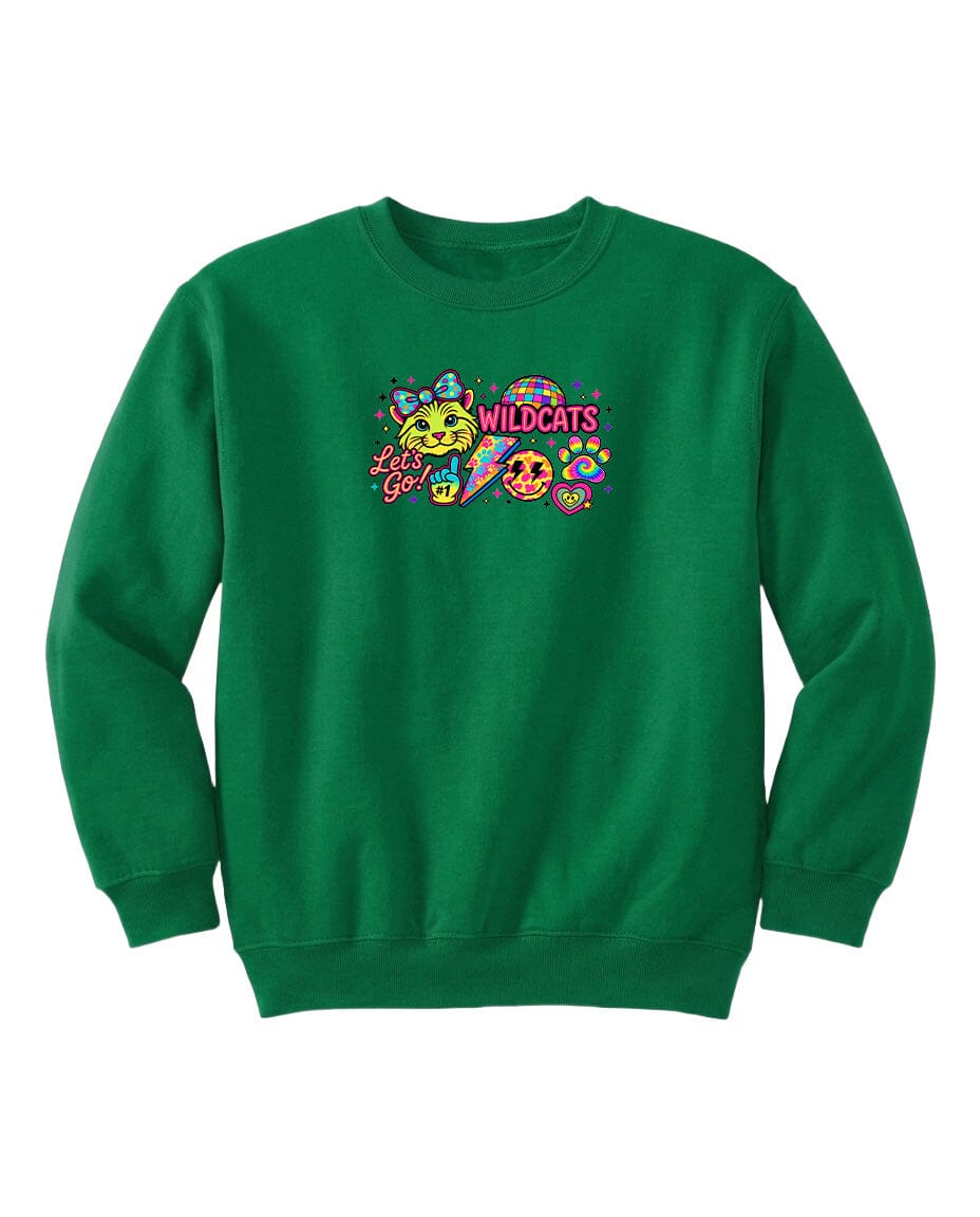 A green sweatshirt with a colorful graphic design featuring a smiling face, a cat, and the text "Wildcats" prominently displayed.