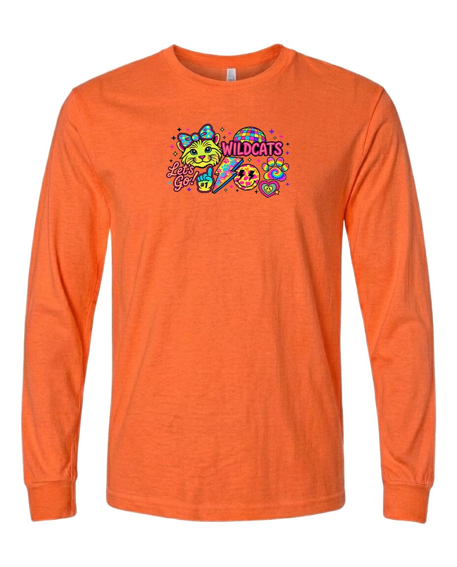 An orange long-sleeved t-shirt with a colorful graphic design featuring cartoon-style characters and text.