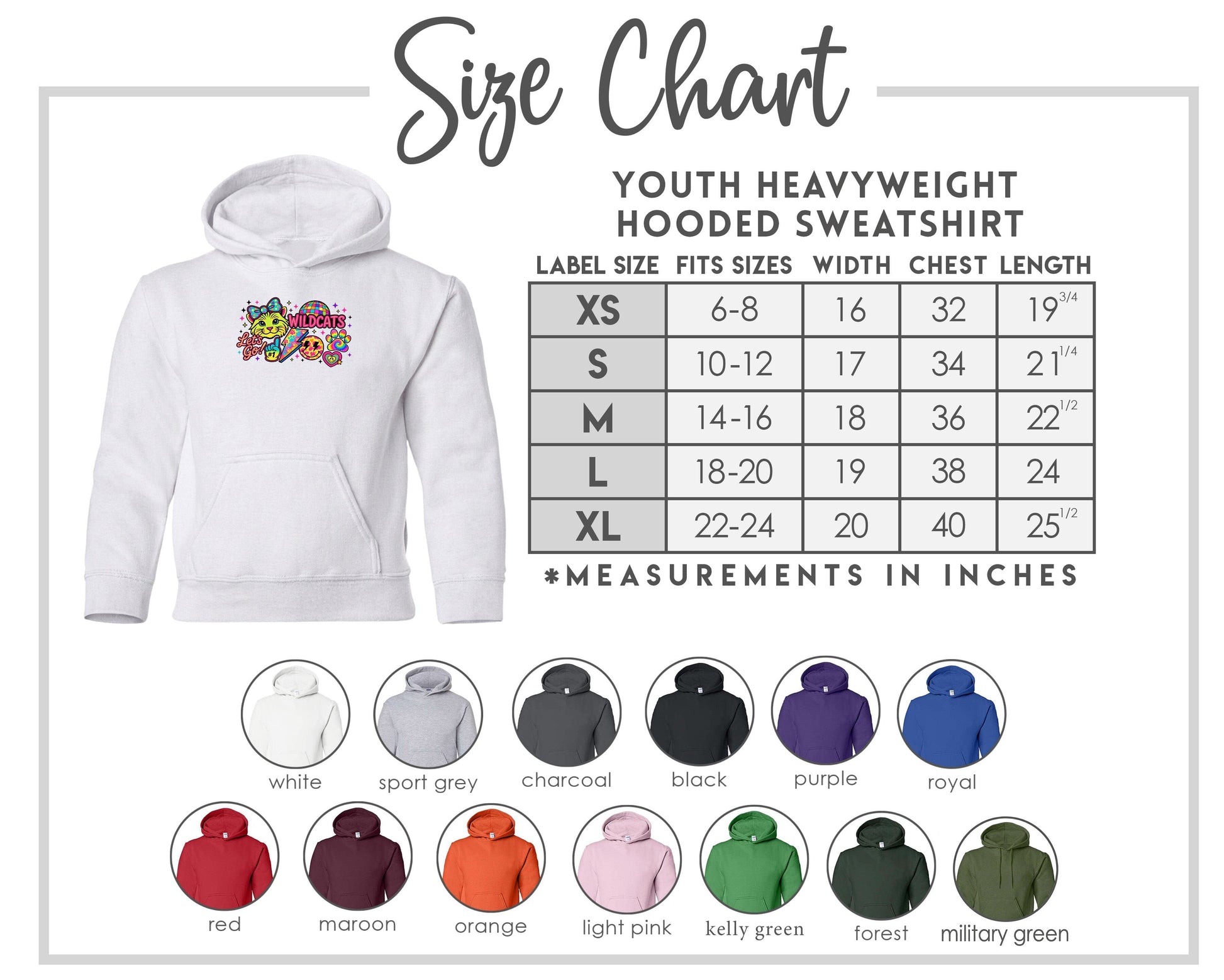 The image is a size chart for a youth heavyweight hooded sweatshirt, providing measurements for different age groups and sizes.