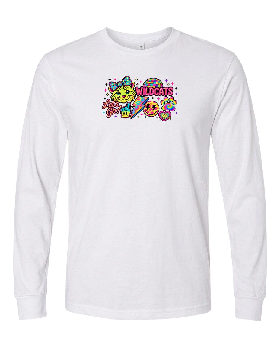 A white long-sleeved t-shirt with a colorful graphic design featuring a smiling cat, a yellow bird, and various other whimsical elements.