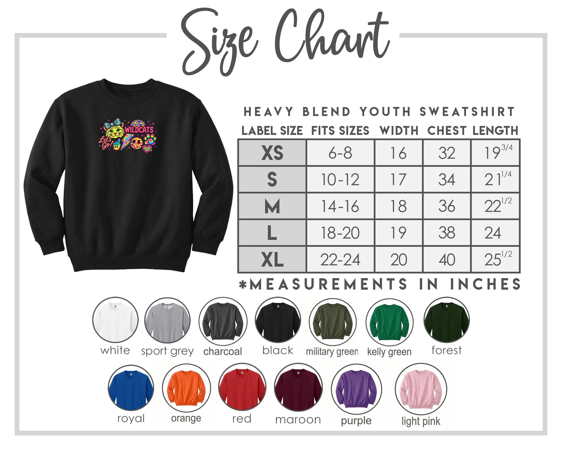 The image is a size chart for a heavy blend youth sweatshirt, including various color options and corresponding measurements in inches.