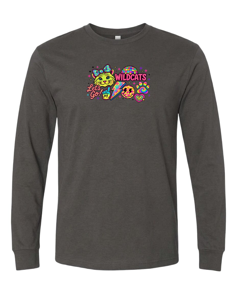 A gray long-sleeved t-shirt with a colorful graphic design featuring a smiling face, a cat, and the text "Wildcats" along with a wave and a smiley face.