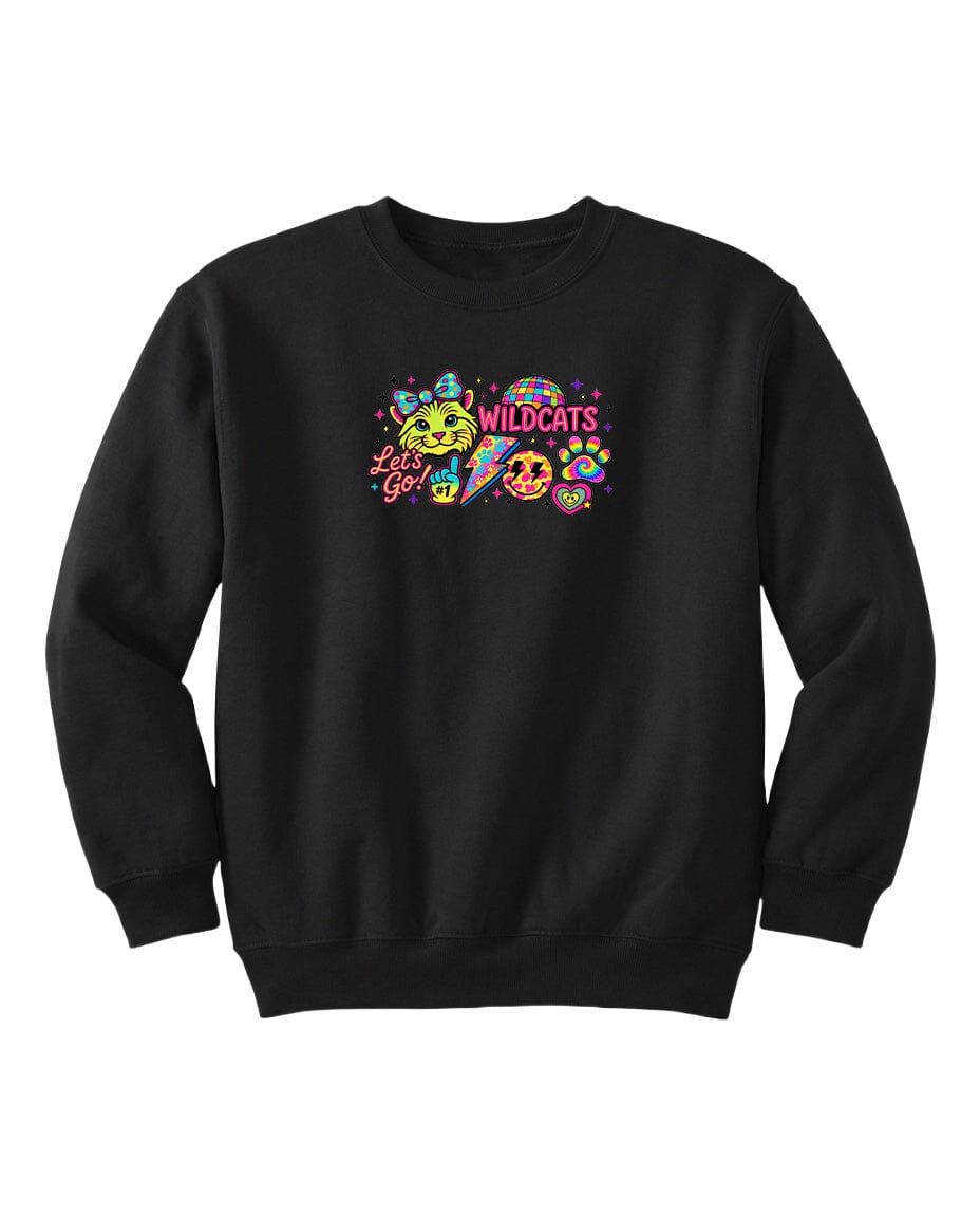 A black sweatshirt with a colorful graphic design featuring a smiling face, a rainbow, and the text "WILDCATS" along with a smiley face.