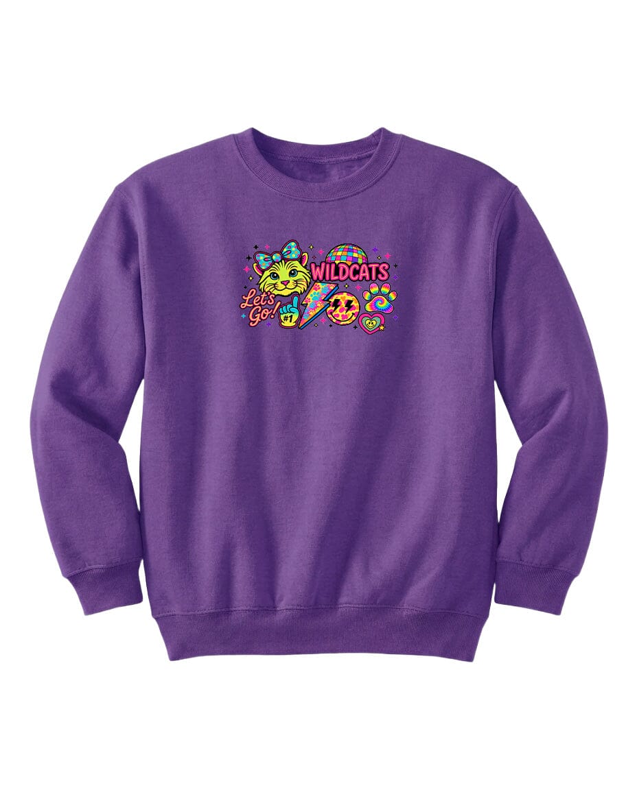A purple sweatshirt with a colorful graphic design featuring cartoon-style characters and text.