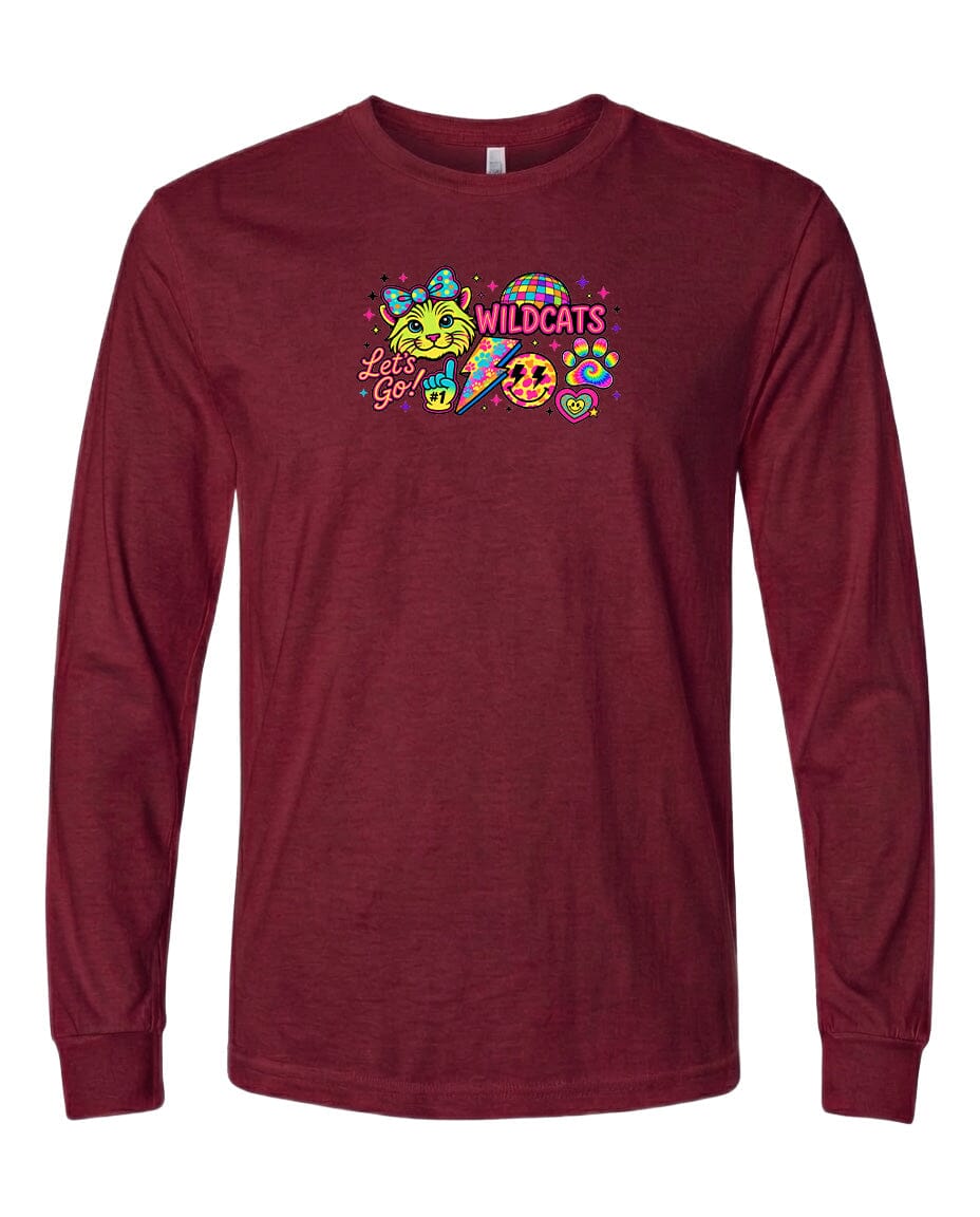 A burgundy long-sleeved t-shirt with a colorful graphic design featuring a smiling face, a cat, and various other elements.