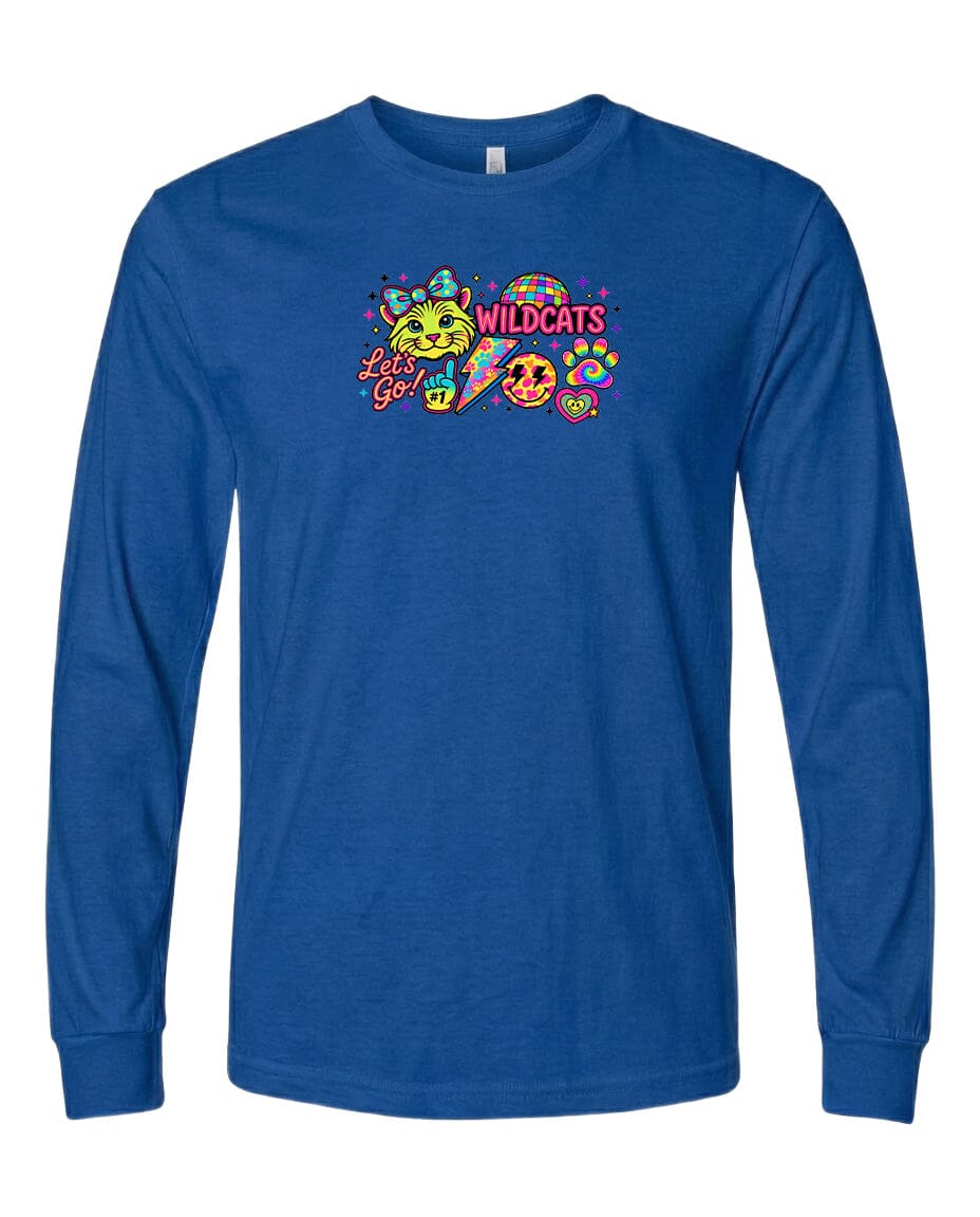 A blue long-sleeved t-shirt with a colorful graphic design featuring a smiling face, a surfboard, and the text "Wildcats" and "Let's Go!"