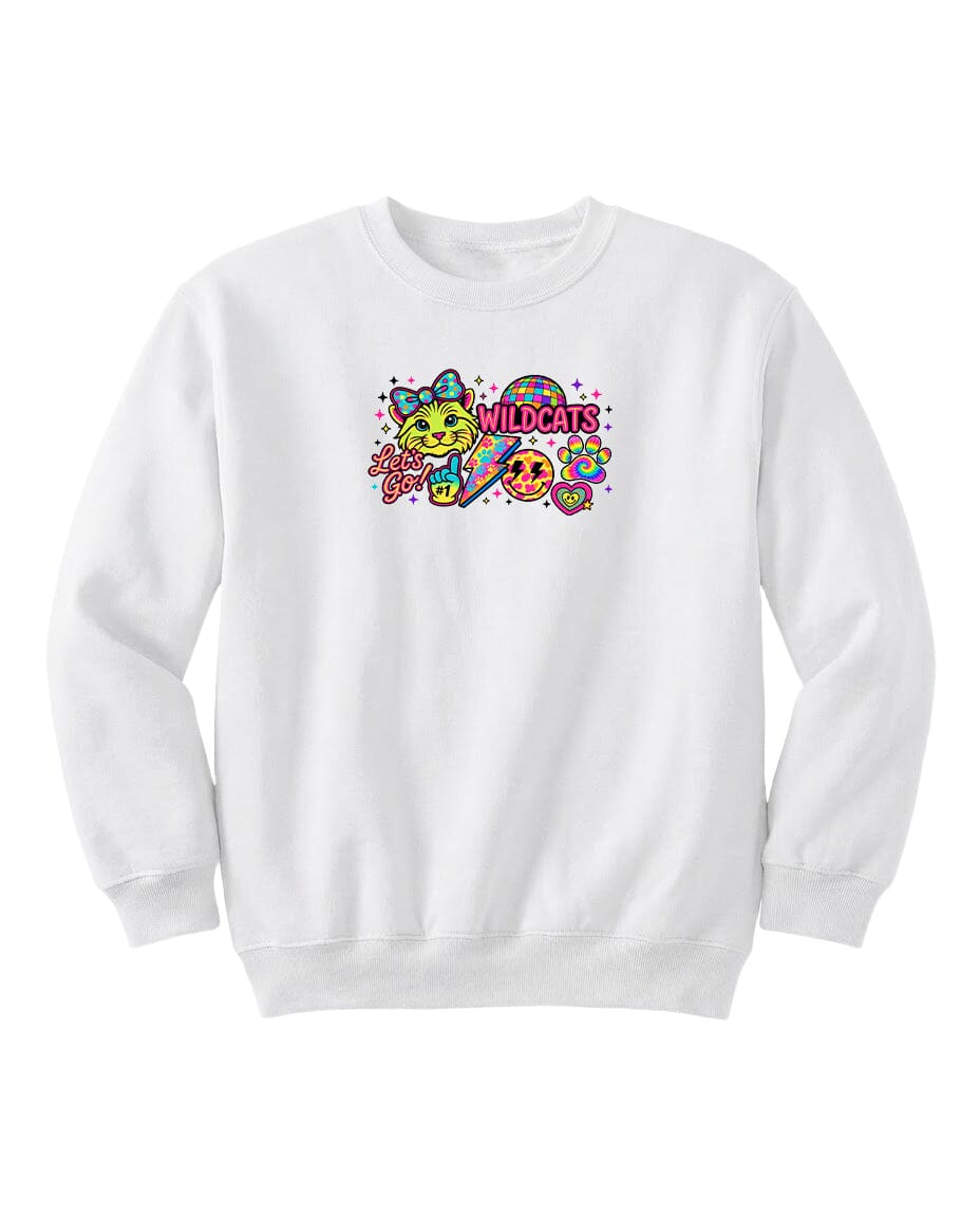 A white sweatshirt with a colorful graphic design featuring cartoon-style characters and text.