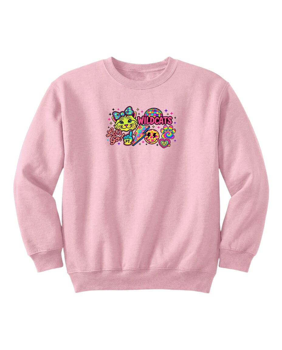 A pink sweatshirt with a colorful graphic design featuring cartoon-style characters and text.