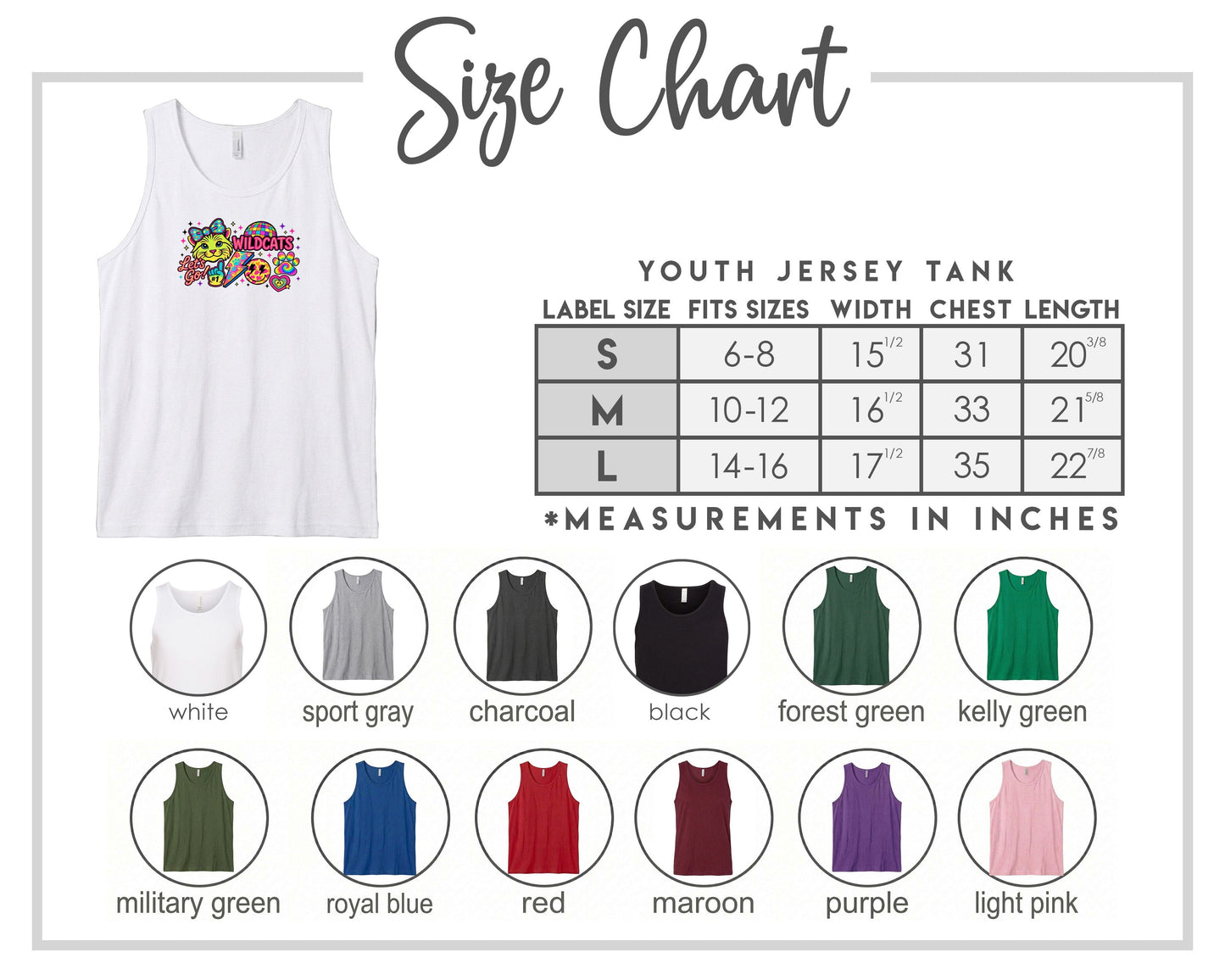 The image is a size chart for a youth jersey tank top, displaying various color options and corresponding measurements in inches.