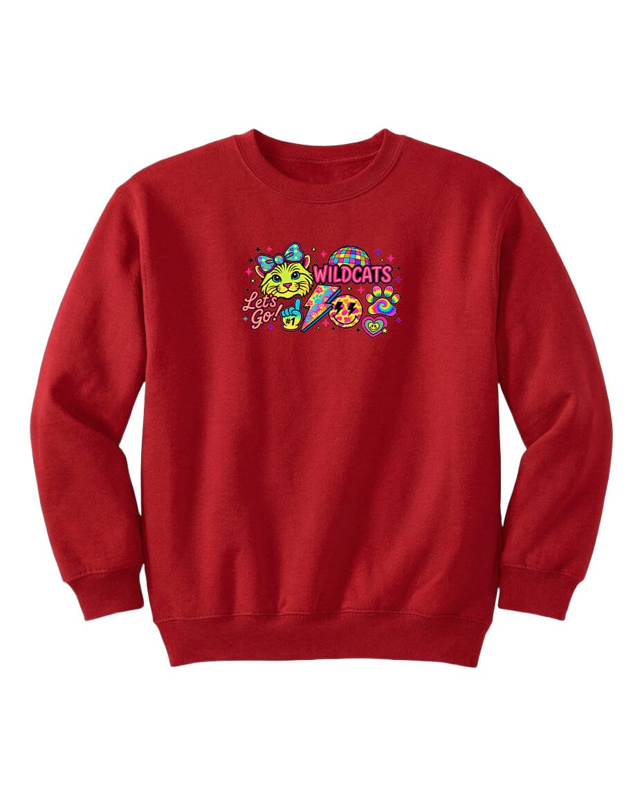 A red sweatshirt with a colorful graphic design featuring cartoon-style characters and text.