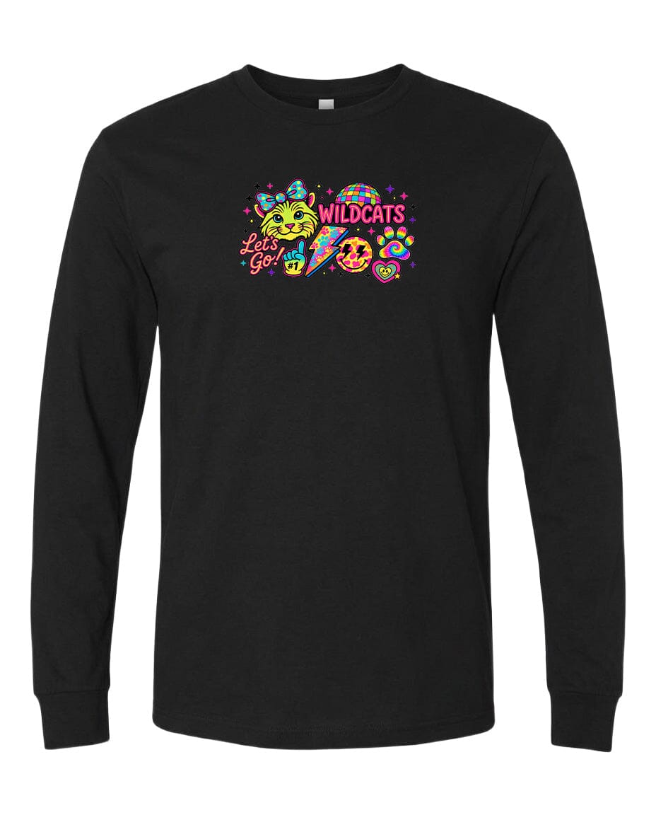 A black long-sleeved t-shirt with a colorful graphic design featuring a smiling face, a rainbow, and the text "Wildcats" along with the phrase "Let's Go!"
