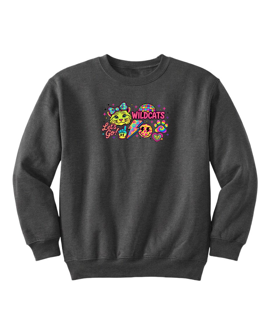 A gray sweatshirt with a colorful graphic design featuring a smiling face, a cat, and the text "WILDCATS" in a playful font.