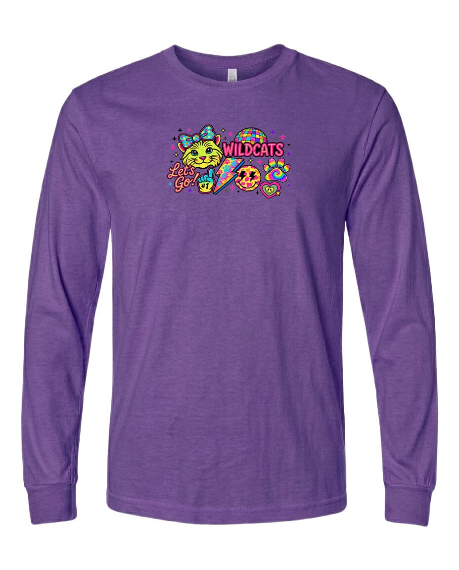 A purple long-sleeved t-shirt with a colorful graphic design featuring cartoon-style characters and text.