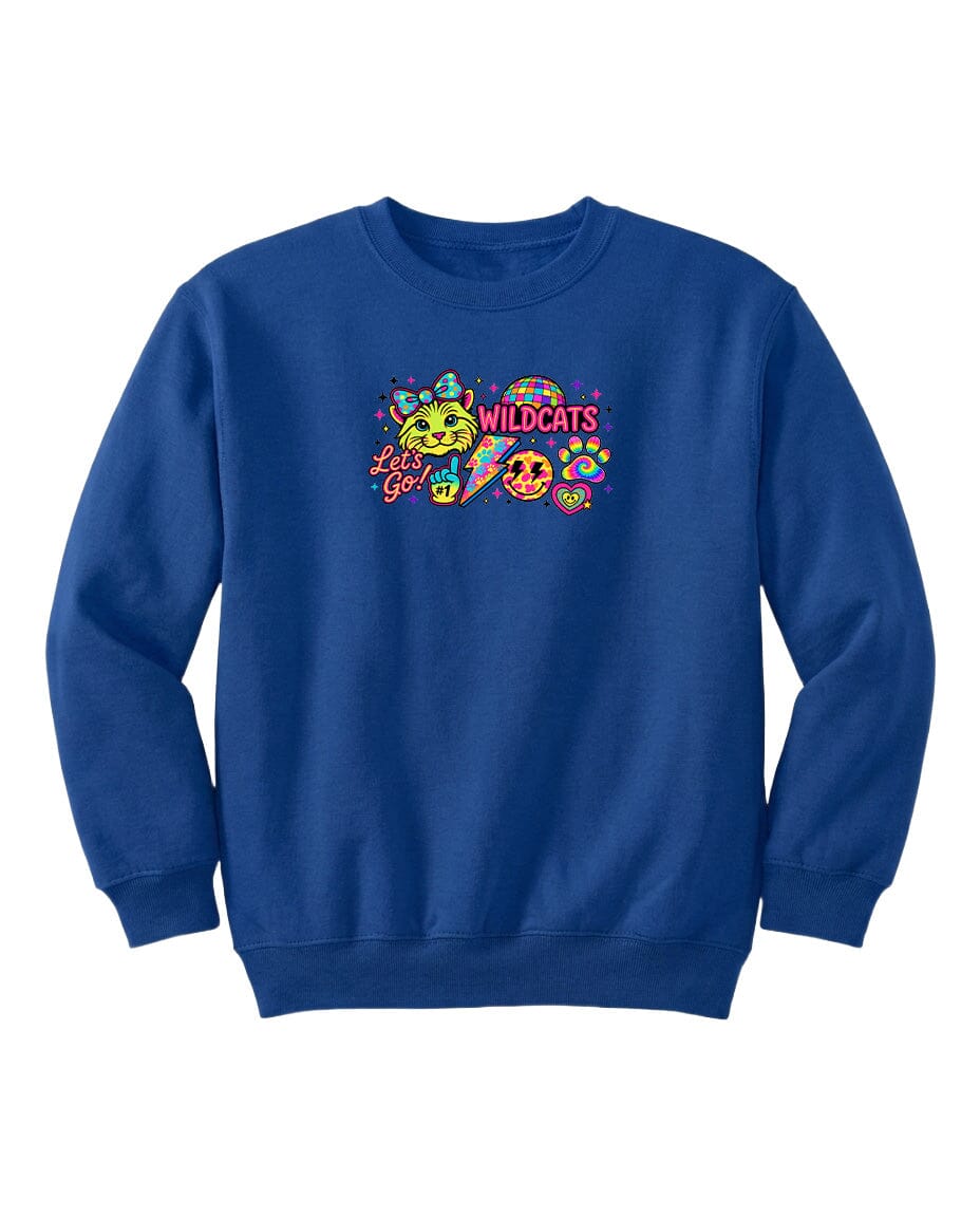 A blue sweatshirt with a colorful graphic design featuring a smiling face, a cat, and the text "Wildcats" and "Let's Go!"