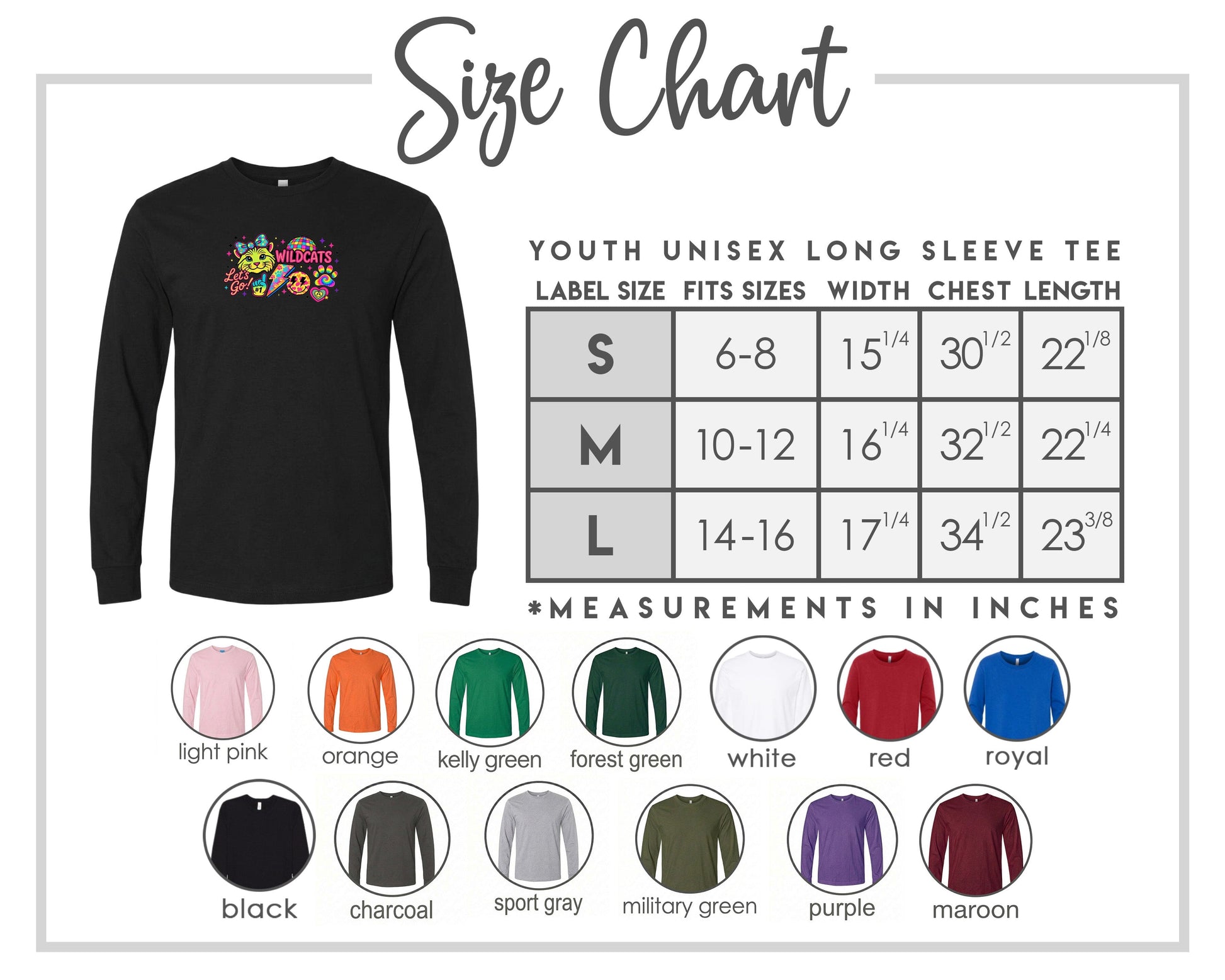 The image is a size chart for a youth unisex long sleeve tee, providing measurements for different age groups and sleeve length.