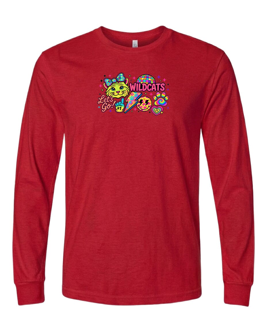 A red long-sleeved t-shirt with a colorful graphic design featuring a smiling yellow cat, a smiling orange cat, and a smiling yellow and orange cat. The text "Wildcats" is written above the cat designs.