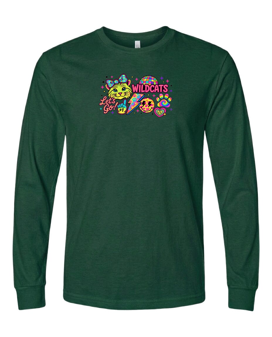 A long-sleeved green t-shirt with a colorful graphic design featuring a smiling face, a rainbow, and the text "Wildcats" and "Go!"