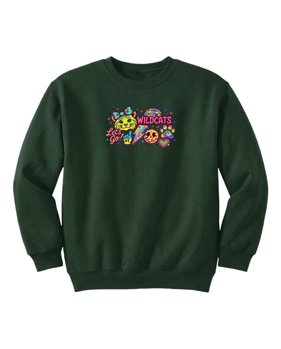 A dark green sweatshirt with a colorful graphic design featuring a smiling face, a rainbow, and the text "WILDCATS" prominently displayed.