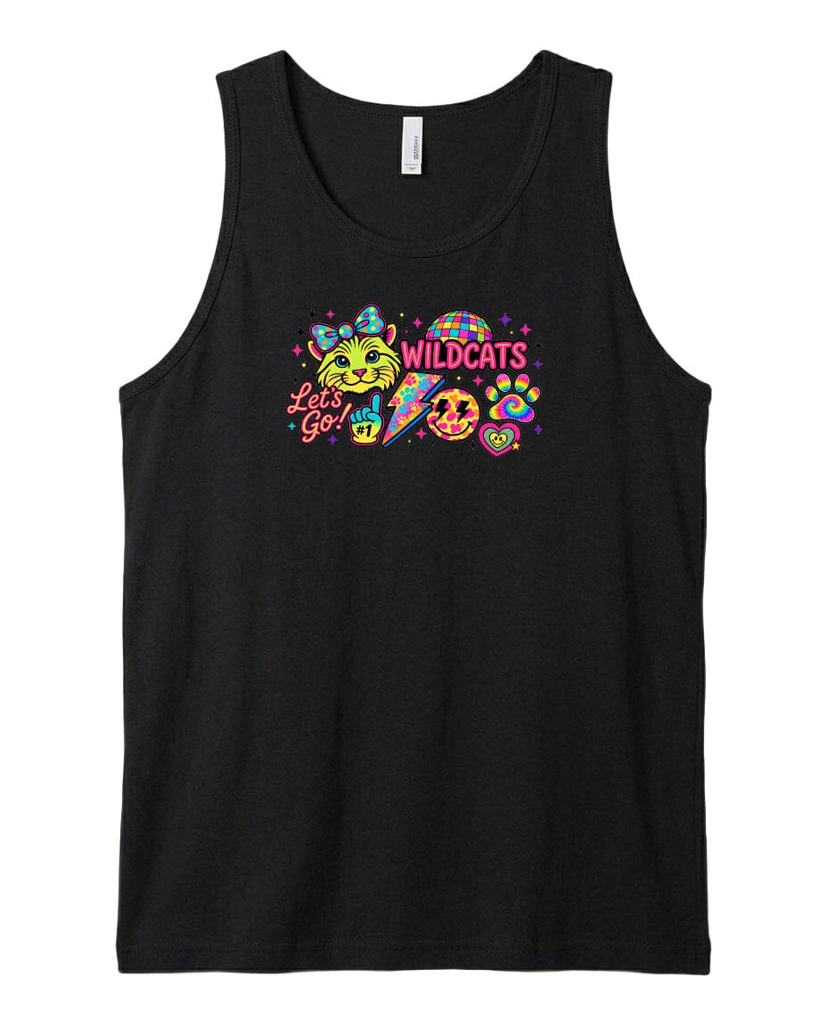 A black tank top with a colorful graphic design featuring a cat and the text "Let's Go" along with the word "Wildcats".