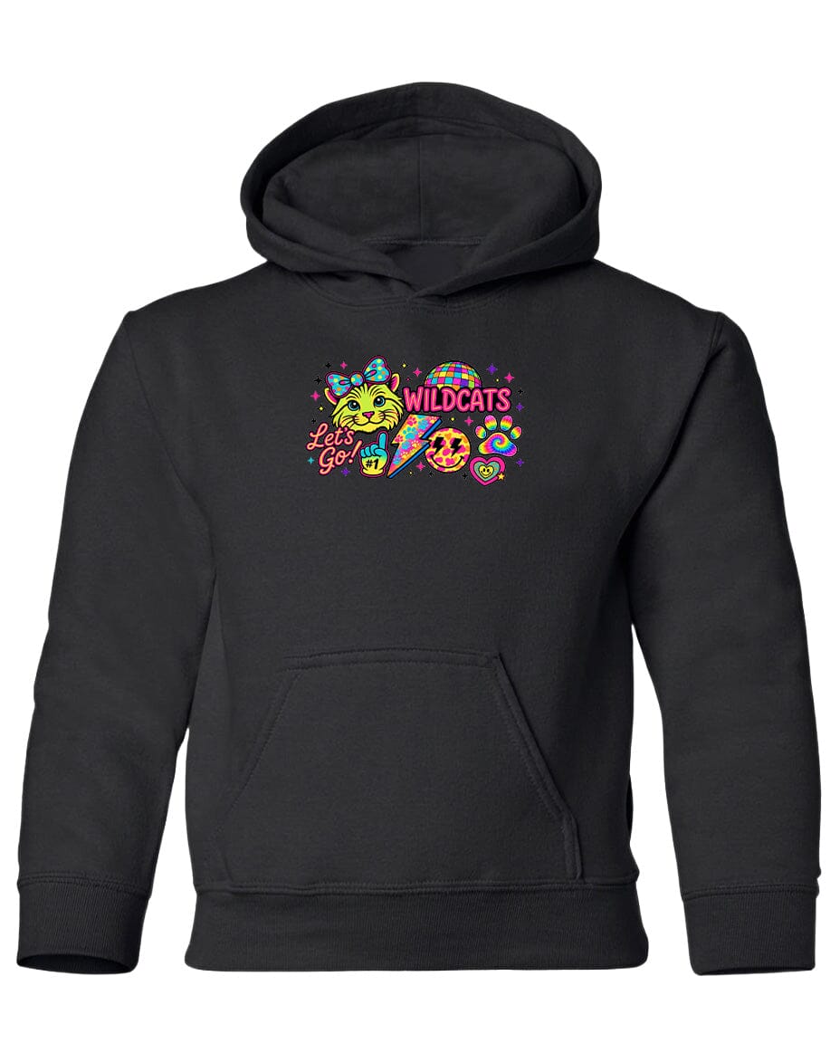 A black hoodie with a colorful graphic design featuring a cat and the text "WILDCATS" printed on it.