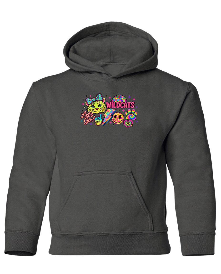 A gray hoodie with a colorful graphic design featuring a cat, a smiley face, and the text "WILDCATS" in a playful font.