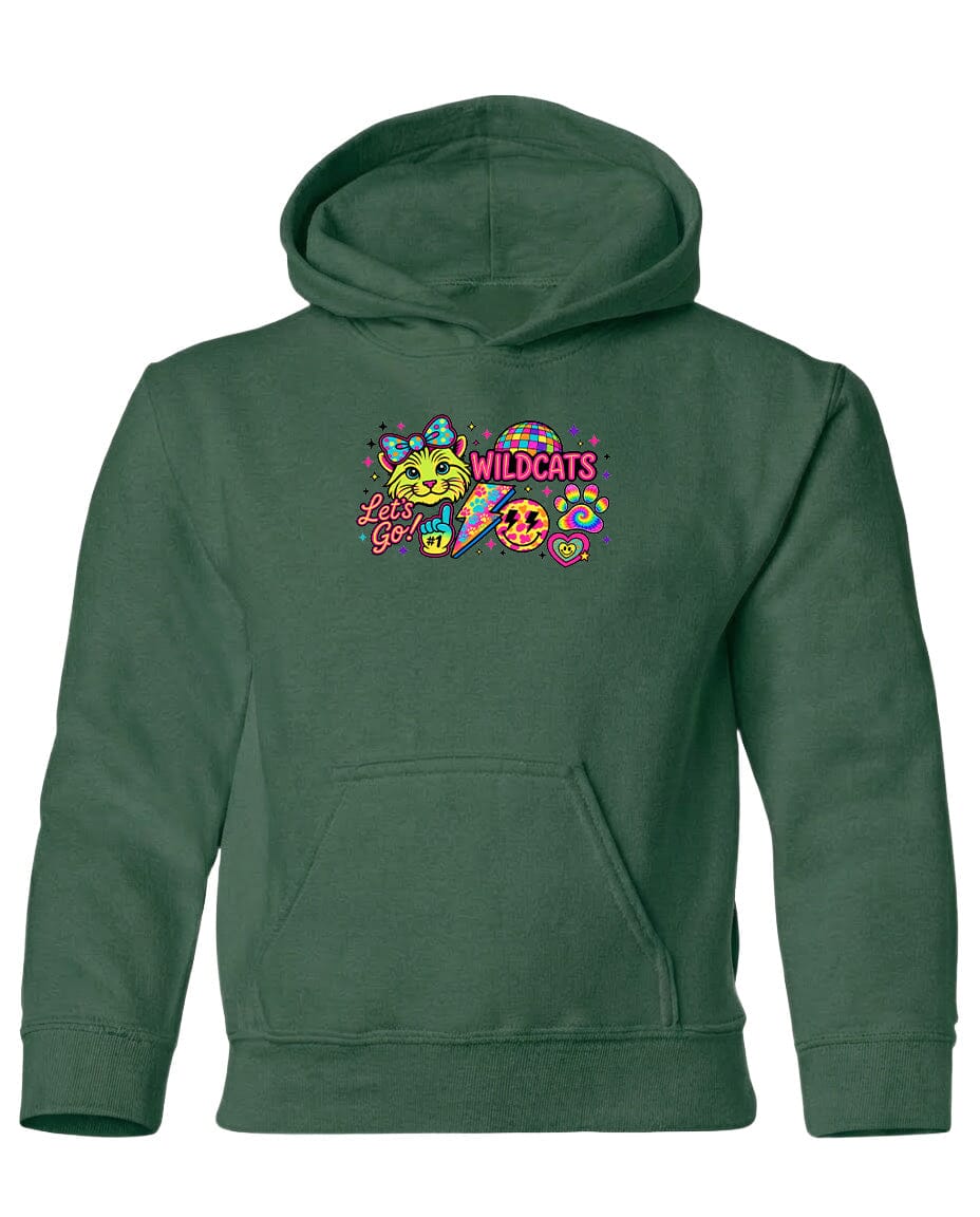 A green hoodie with a colorful graphic design featuring a cat and the text "WILDCATS" prominently displayed.