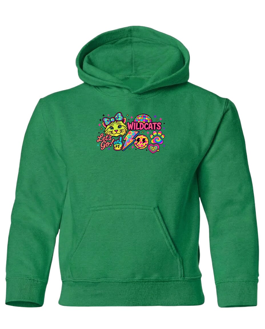 A bright green hoodie with a graphic design featuring a cat and the text "WILDCATS" prominently displayed.
