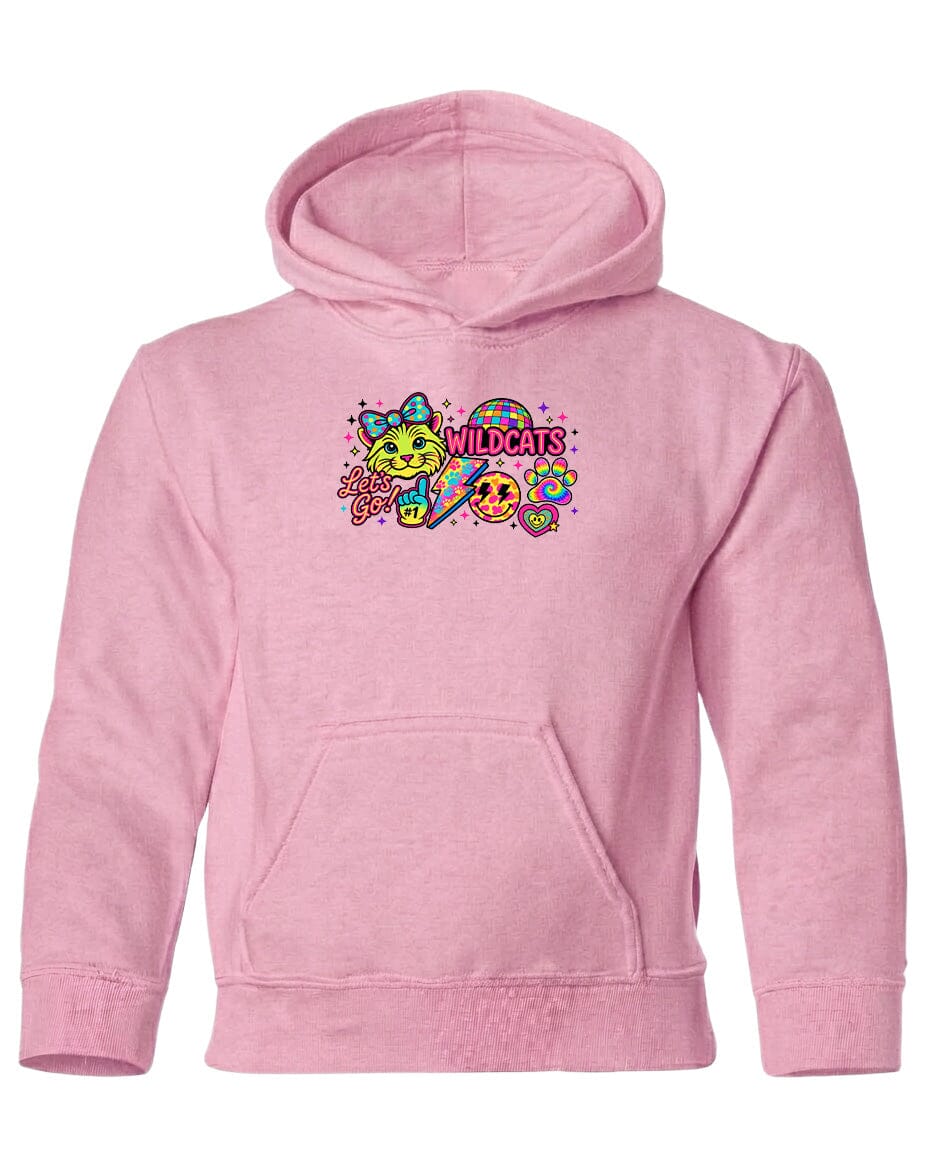 A pink hoodie with a colorful graphic design featuring a cat and the text "WILDCATS" on the front.