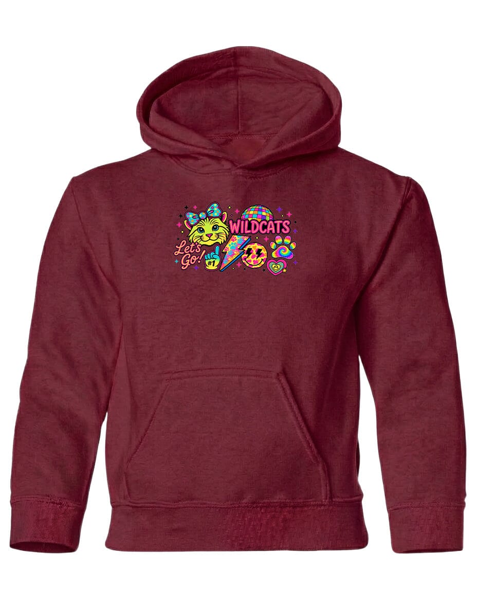 A burgundy hoodie with a colorful graphic design featuring a cat and the text "Wildcats" on the front.