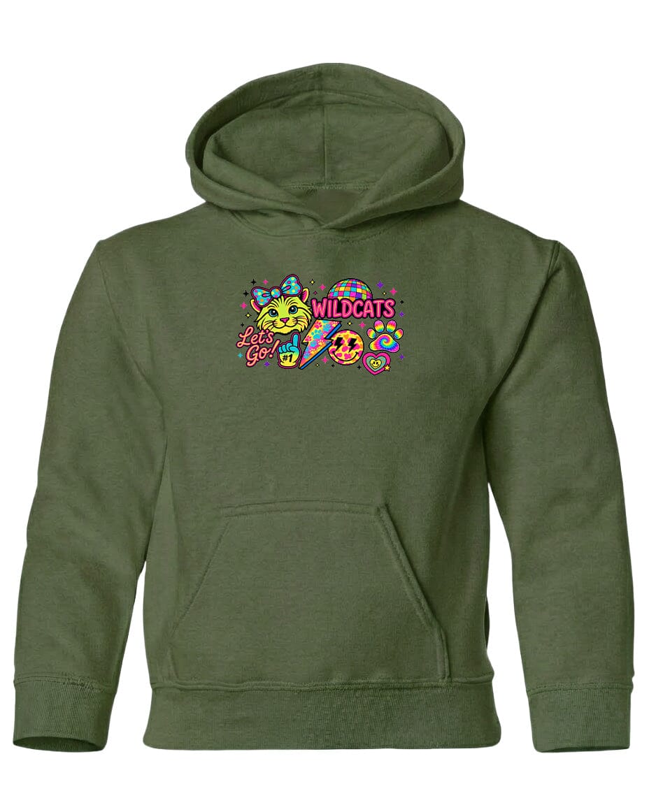 A green hoodie with a colorful graphic design featuring a cat and the text "WILDCATS" prominently displayed.