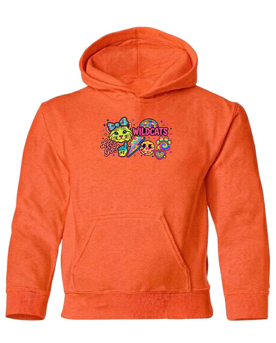An orange hoodie with a colorful graphic design featuring a cat, a smiley face, and the text "WILDCATS" printed on it.