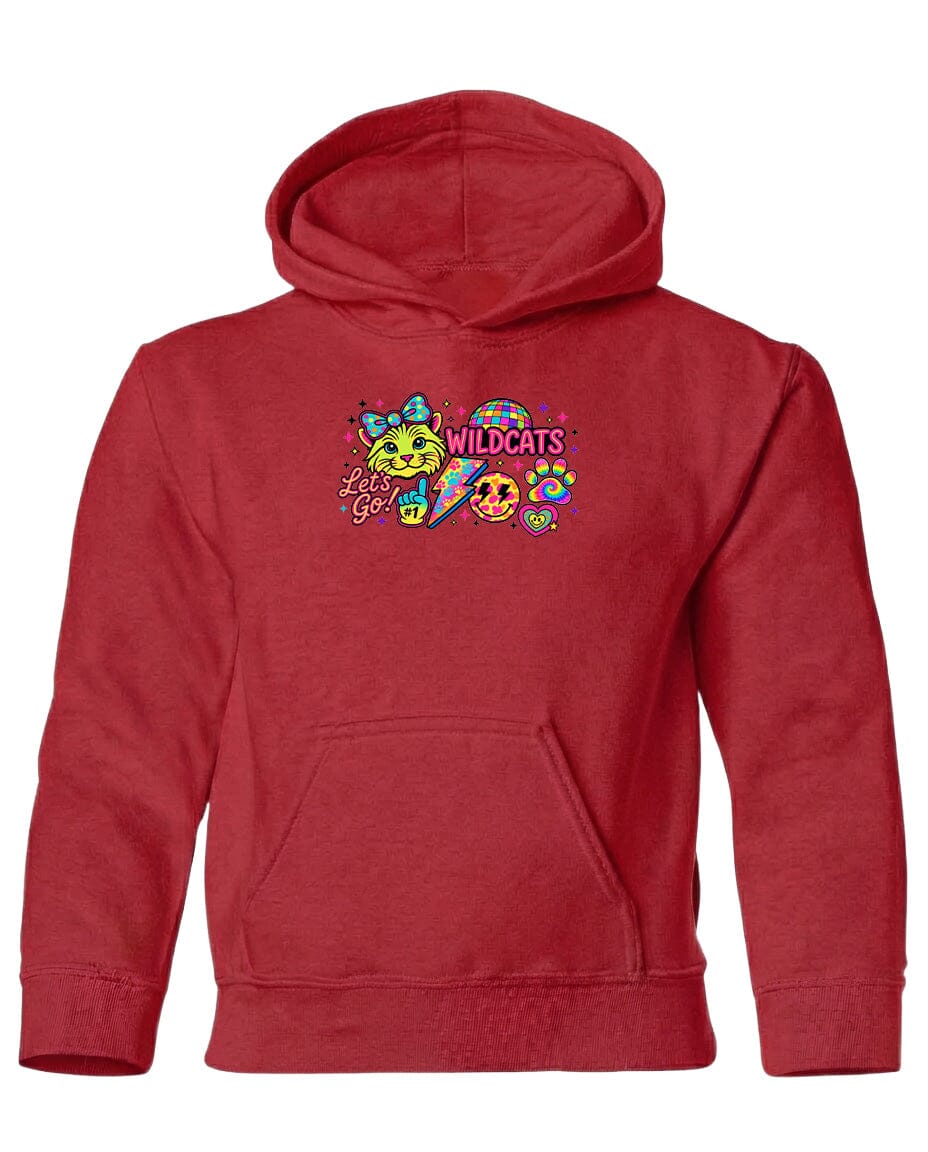 A red hoodie with a graphic design featuring a cat and the text "WILDCATS" on the front.