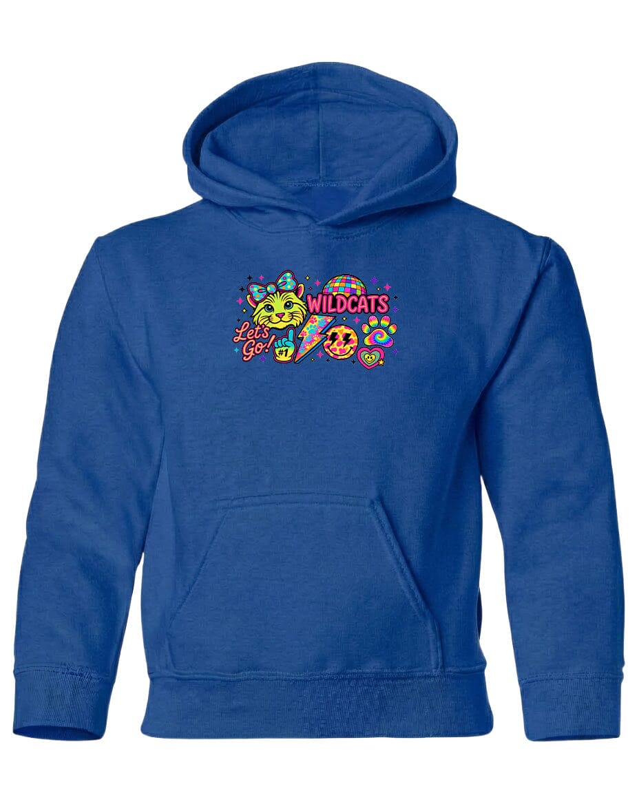 A blue hoodie with a colorful graphic design featuring a cat and the text "WILDCATS" printed on it.