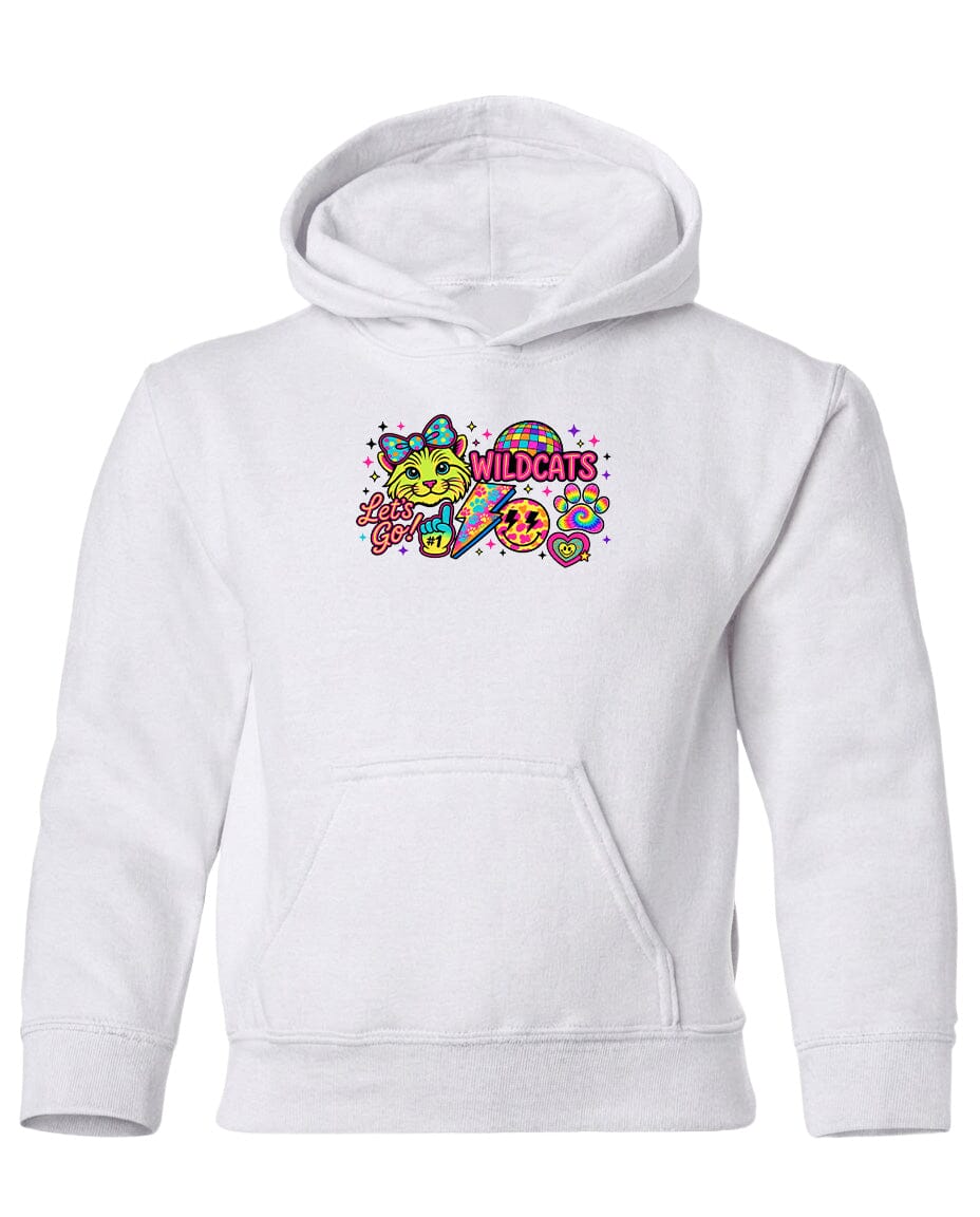 A white hoodie with a colorful graphic design featuring a cat, a smiley face, and the text "WILDCATS" in a playful font.