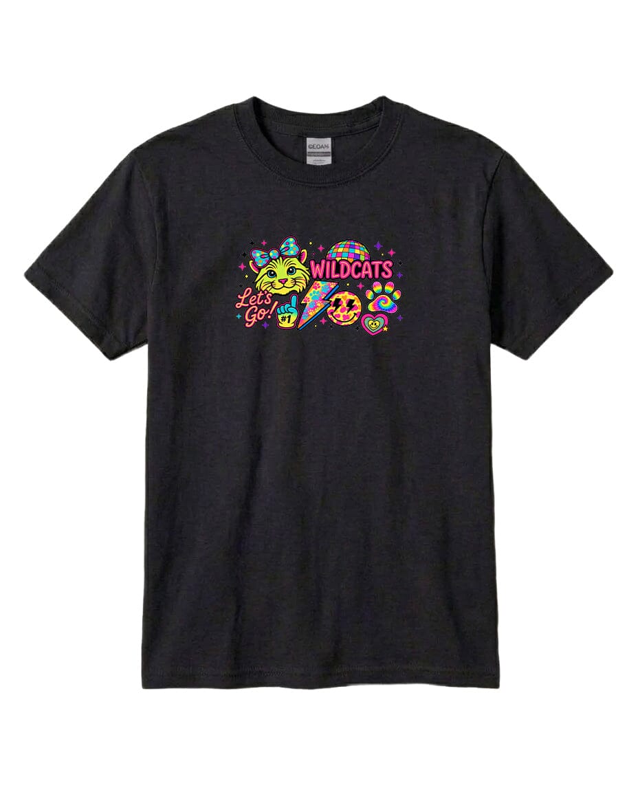 A black t-shirt with a colorful graphic design featuring a cat and the text "Wildcats" along with other whimsical elements.