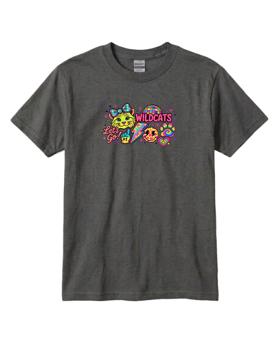 A gray t-shirt with a colorful graphic design featuring a smiling cat and the text "Wildcats" written above it.
