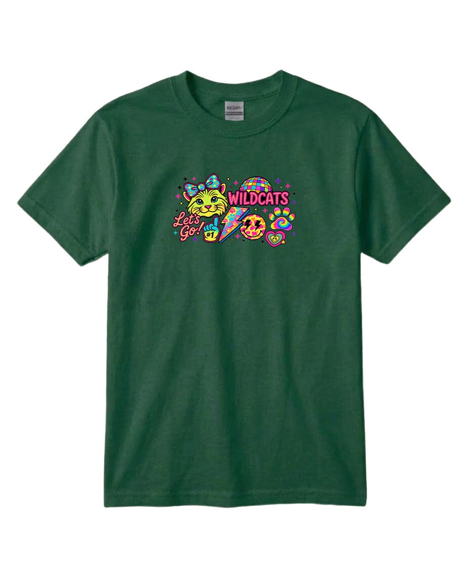 A green t-shirt with a colorful graphic design featuring a smiling cat and the text "Wildcats" written above it.