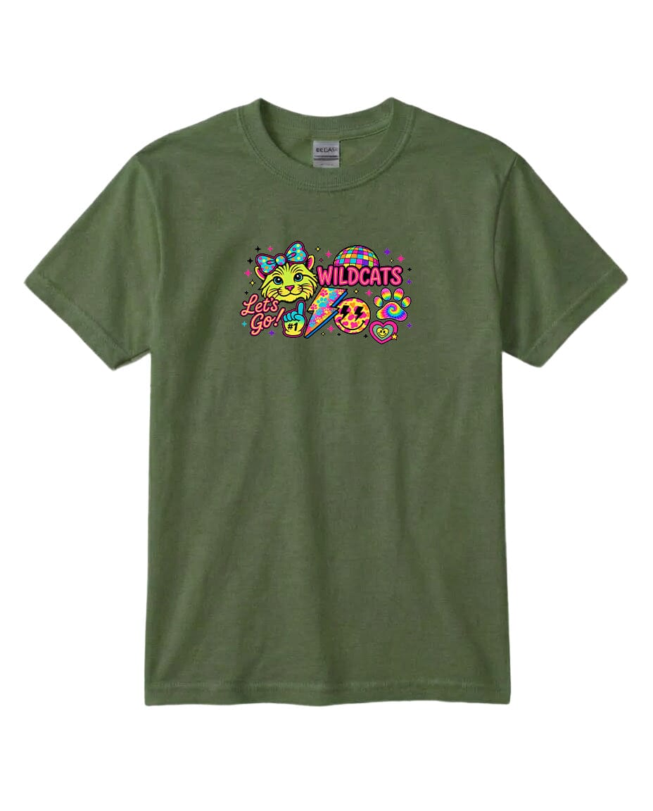 A green t-shirt with a colorful graphic design featuring a smiling face, a cat, and the text "Wildcats" in pink and yellow.
