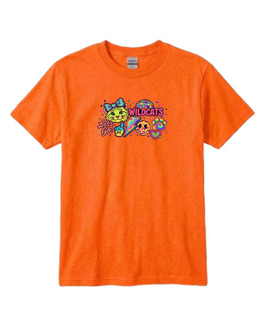 An orange t-shirt with a colorful graphic design featuring a cat and the text "WILDCATS" along with other whimsical elements.