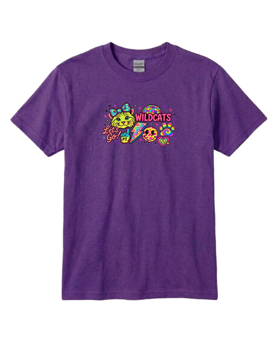 A purple t-shirt with a graphic design featuring a cat and the text "Wildcats" along with other colorful elements.