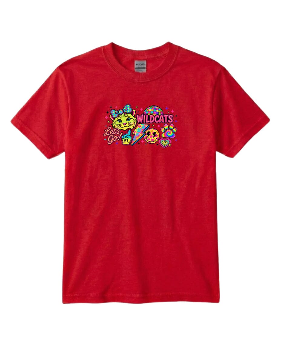 A red t-shirt with a colorful graphic design featuring a cat, a smiley face, and the text "Wildcats" along with a peace sign.