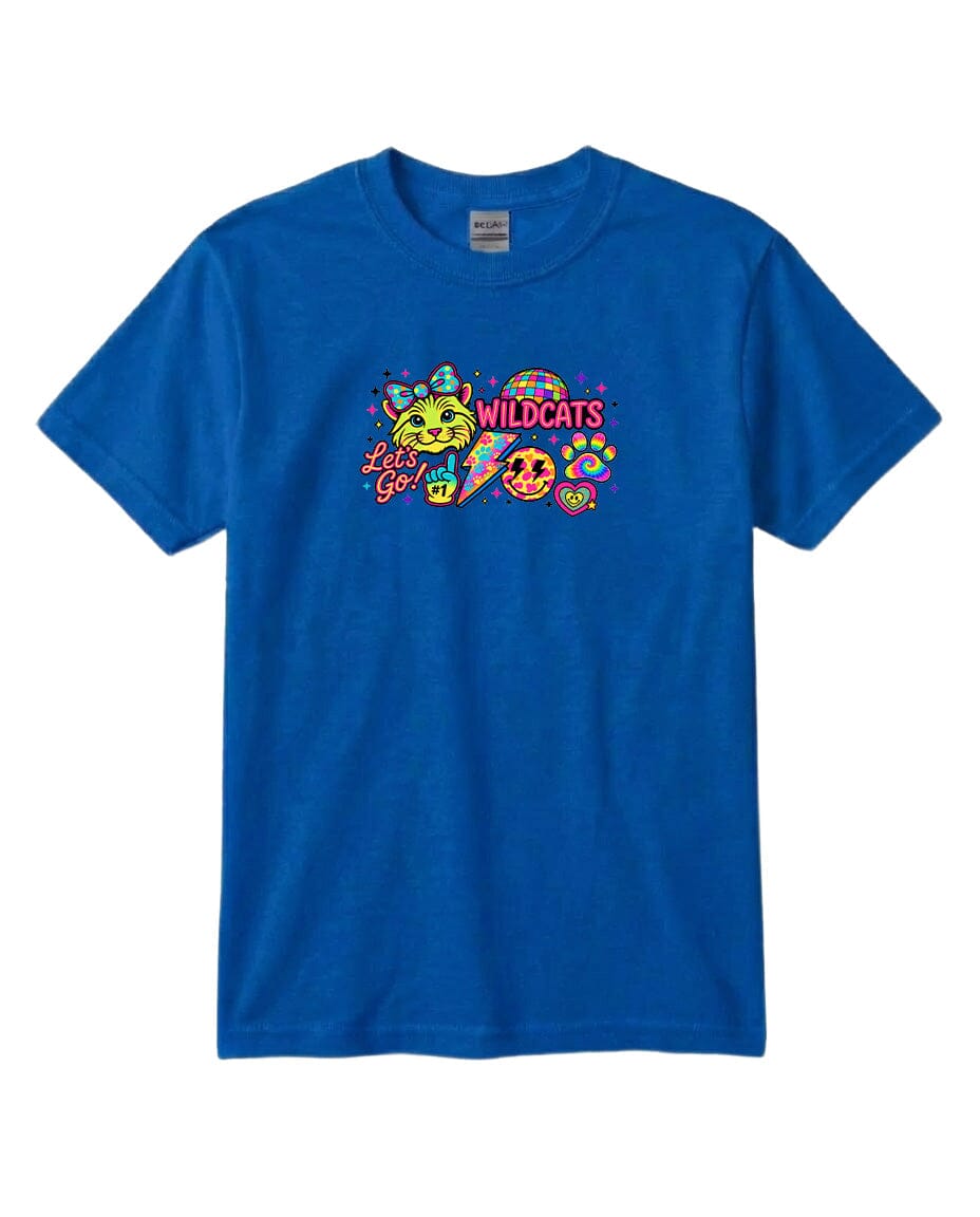 A blue t-shirt with a colorful graphic design featuring a cat and the text "Wildcats" and "Let's Go!"